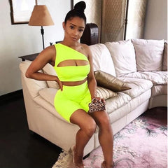 Neon Coloured Women One Shoulder Cut Out Crop Top And Biker Shorts Tracksuit