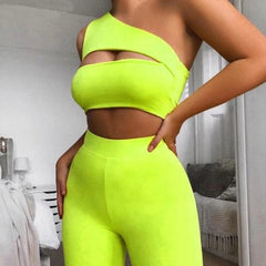 Neon Coloured Women One Shoulder Cut Out Crop Top And Biker Shorts Tracksuit