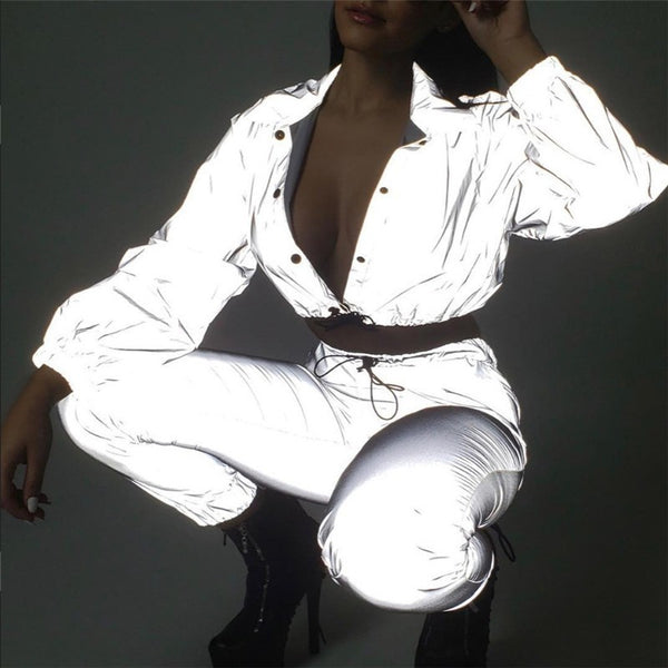 Reflective Crop Top & Pants Tracksuits