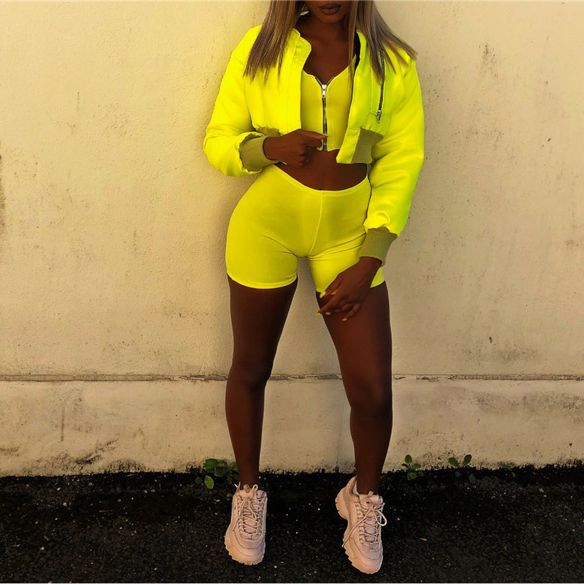 Neon Sleeveless Zipper Tank Top and Short Tracksuits