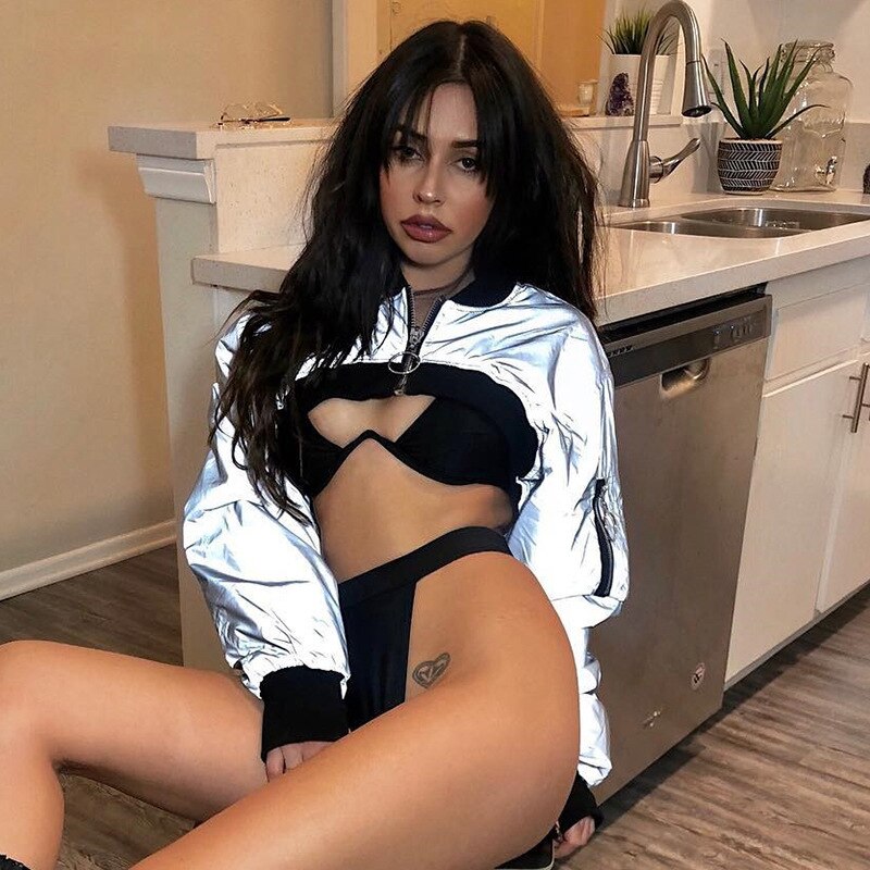 Reflective Crop Top Zipper Jacket